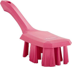 Vikan - 2-3/4" Bristle Length, Polyester Scrub Brush - 8" Long x 2-7/8" Wide Head, 10" OAL, Short Handle, Pink, Polypropylene Block - Exact Tool & Supply
