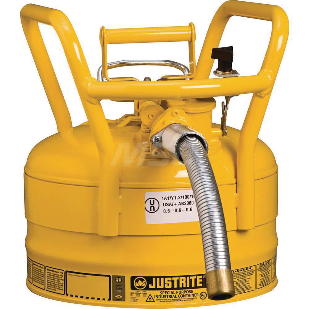 Justrite - Safety Dispensing Cans; Capacity: 2.5 Gal ; Material: Steel ; Color: Yellow ; Height (Decimal Inch): 12.700000 ; Diameter/Length (mm): 11.75 ; Approval Listing/Regulations: FM Approved; DOT; UN - Exact Tool & Supply