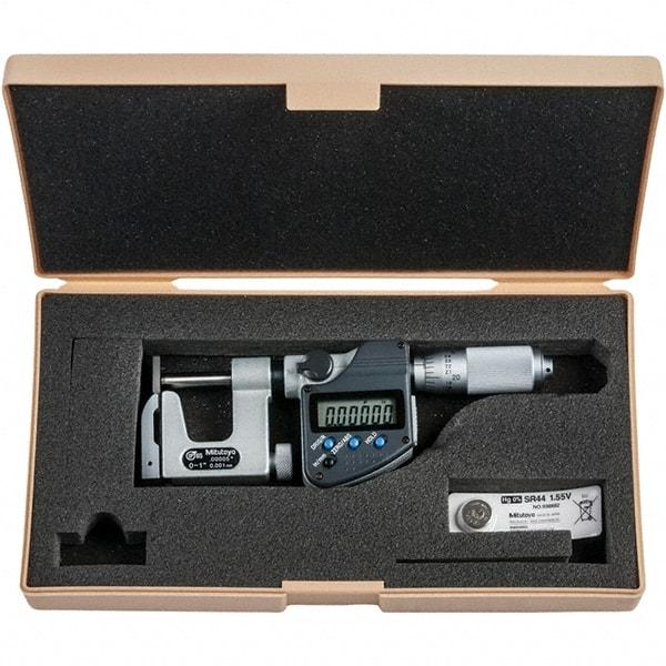 Mitutoyo - 0 to 1" Range, 0.00005" Resolution, Interchangeable Anvil Type Throat IP65 Electronic Outside Micrometer - 0.0002" Accuracy, Friction Thimble, Carbide-Tipped Face, SR44 Battery - Exact Tool & Supply
