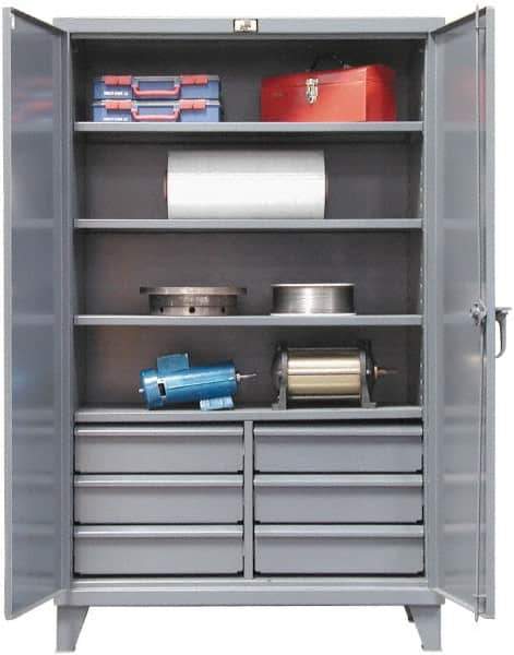 Strong Hold - 4 Shelf 6 Bin Locking Storage Cabinet - Steel, 48" Wide x 24" Deep x 72" High, Dark Gray - Exact Tool & Supply