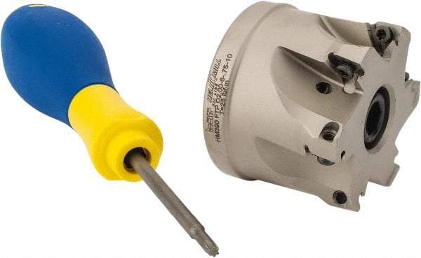 Iscar - 6 Inserts, 2" Cut Diam, 3/4" Arbor Diam, 0.315" Max Depth of Cut, Indexable Square-Shoulder Face Mill - 0/90° Lead Angle, 1.57" High, HM390 TPKT 1003 Insert Compatibility, Through Coolant, Series HeliIQMill - Exact Tool & Supply