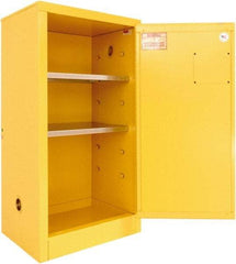 Securall Cabinets - 1 Door, 2 Shelf, Yellow Steel Standard Safety Cabinet for Flammable and Combustible Liquids - 44" High x 24" Wide x 18" Deep, Manual Closing Door, 3 Point Key Lock, 20 Gal Capacity - Exact Tool & Supply