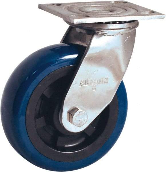 Albion - 5" Diam x 2" Wide x 6-1/2" OAH Top Plate Mount Swivel Caster - Polyurethane Mold on Polypropylene, 600 Lb Capacity, Delrin Bearing, 4 x 4-1/2" Plate - Exact Tool & Supply
