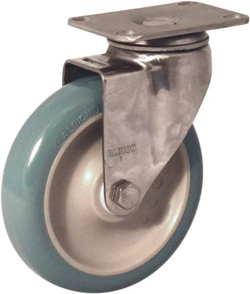 Albion - 5" Diam x 1-1/4" Wide x 6-3/16" OAH Top Plate Mount Swivel Caster - Antimicrobial Polyurethane over Polypropylene, 350 Lb Capacity, Delrin Bearing, 2-1/2 x 3-5/8" Plate - Exact Tool & Supply