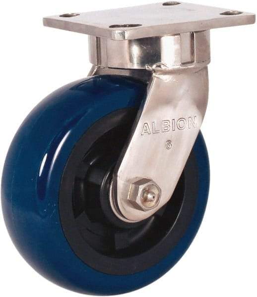 Albion - 6" Diam x 2" Wide x 7-1/2" OAH Top Plate Mount Swivel Caster - Polyurethane Mold on Polypropylene, 1,100 Lb Capacity, Stainless Steel Roller Bearing, 4 x 4-1/2" Plate - Exact Tool & Supply