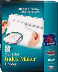 AVERY - 11 x 8-1/2" 8 Tabs, Three Hole Clear Plastic Reinforced Binder Holes, Tab Divider - Clear Tabs, White Folder - Exact Tool & Supply