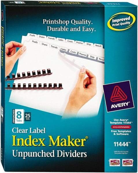 AVERY - 11 x 8-1/2" 8 Tabs, Unpunched Clear Plastic Reinforced, Tab Divider - Clear Tabs, White Folder - Exact Tool & Supply