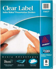 AVERY - 11 x 8-1/2" 8 Tabs, Three Hole Clear Plastic Reinforced Binder Holes, Tab Divider - Clear Tabs, White Folder - Exact Tool & Supply