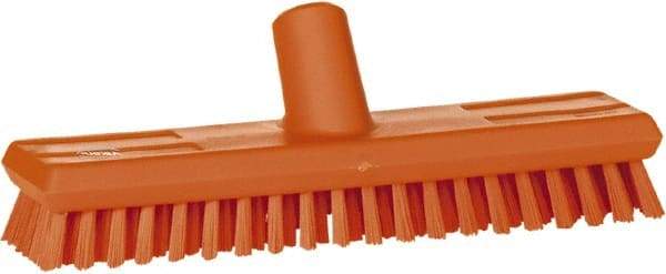 Vikan - 1" Bristle Length, Polyester Scrub Brush - 10-5/8" Long x 2-1/2" Wide Head, 11" OAL, European Threaded Handle, Orange, Polypropylene Block - Exact Tool & Supply