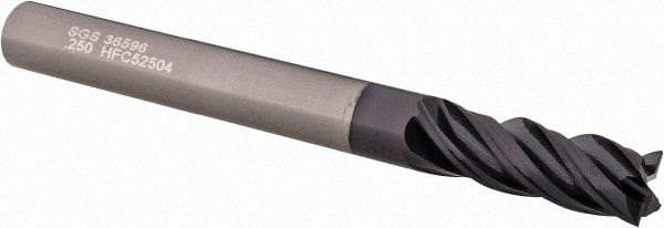 SGS - 1/4", 3/4" LOC, 1/4" Shank Diam, 2-1/2" OAL, 4 Flute, Solid Carbide Square End Mill - Single End, AlTiN Finish, Spiral Flute, Variable° Helix, Centercutting, Right Hand Cut, Right Hand Flute, Series Z1 - Exact Tool & Supply