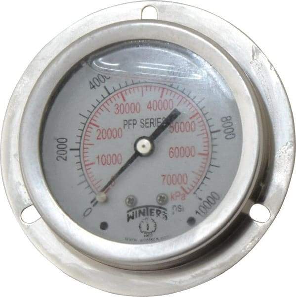 Winters - 2-1/2" Dial, 1/4 Thread, 0-10,000 Scale Range, Pressure Gauge - Front Flange Panel Mount, Center Back Connection Mount, Accurate to 1.6% of Scale - Exact Tool & Supply