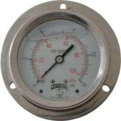 Winters - 2-1/2" Dial, 1/4 Thread, 0-15 Scale Range, Pressure Gauge - Front Flange Panel Mount, Center Back Connection Mount, Accurate to 1.6% of Scale - Exact Tool & Supply