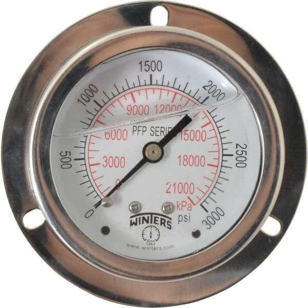 Winters - 2-1/2" Dial, 1/4 Thread, 0-3,000 Scale Range, Pressure Gauge - Front Flange Panel Mount, Center Back Connection Mount, Accurate to 1.6% of Scale - Exact Tool & Supply
