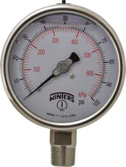 Winters - 4" Dial, 1/2 Thread, 0-100 Scale Range, Pressure Gauge - Lower Connection Mount, Accurate to 1% of Scale - Exact Tool & Supply