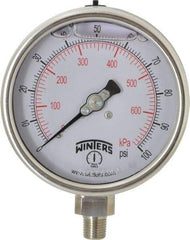 Winters - 4" Dial, 1/4 Thread, 0-100 Scale Range, Pressure Gauge - Lower Connection Mount, Accurate to 1% of Scale - Exact Tool & Supply