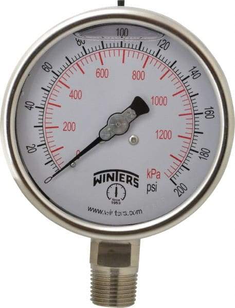 Winters - 4" Dial, 1/2 Thread, 0-200 Scale Range, Pressure Gauge - Lower Connection Mount, Accurate to 1% of Scale - Exact Tool & Supply