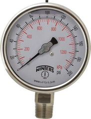 Winters - 4" Dial, 1/2 Thread, 0-200 Scale Range, Pressure Gauge - Lower Connection Mount, Accurate to 1% of Scale - Exact Tool & Supply