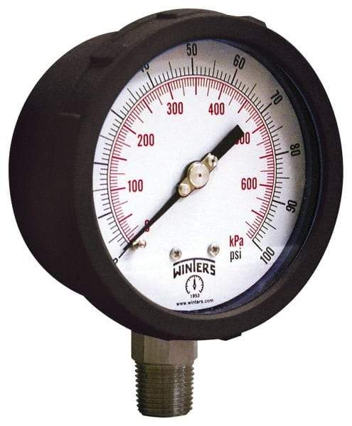 Winters - 4" Dial, 1/4 Thread, 30-0-100 Scale Range, Pressure Gauge - Lower Connection Mount, Accurate to 1% of Scale - Exact Tool & Supply