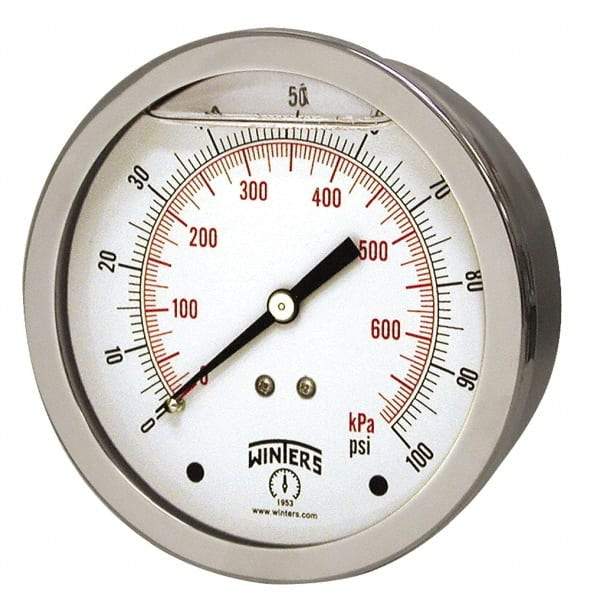 Winters - 1-1/2" Dial, 1/8 Thread, 0-160 Scale Range, Pressure Gauge - Center Back Connection Mount, Accurate to 2.5% of Scale - Exact Tool & Supply