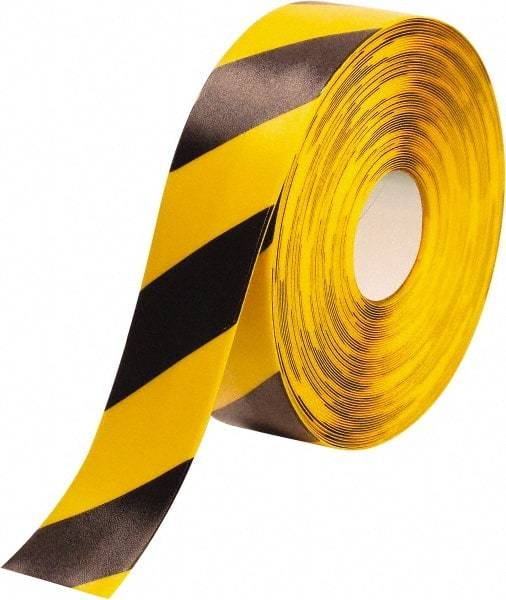 PRO-SAFE - Black & Yellow Striped PVC Tape - 3" Wide x 100' Long x 50 mil Thick, General Traffic - Exact Tool & Supply