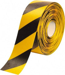 PRO-SAFE - Black & Yellow Striped PVC Tape - 4" Wide x 100' Long x 50 mil Thick, General Traffic - Exact Tool & Supply