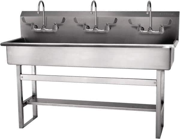 SANI-LAV - 57" Long x 16-1/2" Wide Inside, 1 Compartment, Grade 304 Stainless Steel Hand Sink-Pedestal Mount - 16 Gauge, 60" Long x 20" Wide x 45" High Outside, 8" Deep - Exact Tool & Supply