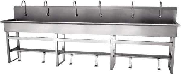 SANI-LAV - 117" Long x 16-1/2" Wide Inside, 1 Compartment, Grade 304 Stainless Steel Hands Free Hand Sink - 16 Gauge, 120" Long x 20" Wide x 45" High Outside, 8" Deep - Exact Tool & Supply