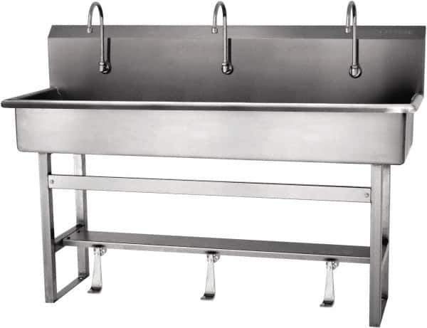 SANI-LAV - 57" Long x 16-1/2" Wide Inside, 1 Compartment, Grade 304 Stainless Steel Hands Free Hand Sink - 16 Gauge, 60" Long x 20" Wide x 45" High Outside, 8" Deep - Exact Tool & Supply