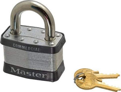 Master Lock - 1" Shackle Clearance, Keyed Different Padlock - 15/16" Shackle Width, 3/8" Shackle Diam, Laminated Steel - Exact Tool & Supply