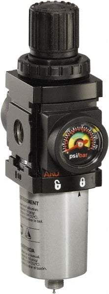 ARO/Ingersoll-Rand - 1/4" NPT Port Miniature 1 Piece Filter/Regulator FRL Unit - Metal Bowl, 47 SCFM, 250 Max psi, 6.2" High x 1.575" Long, Manual Drain - Exact Tool & Supply