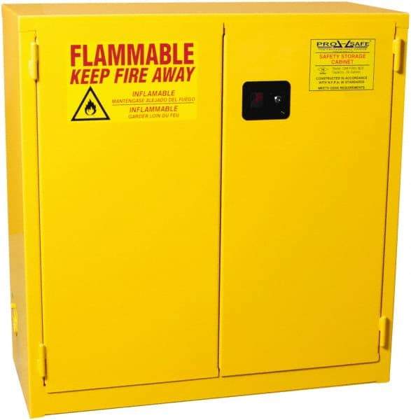 PRO-SAFE - 2 Door, 1 Shelf, Yellow Steel Standard Safety Cabinet for Flammable and Combustible Liquids - 44" High x 43" Wide x 18" Deep, Self Closing Door, 3 Point Key Lock, 30 Gal Capacity - Exact Tool & Supply