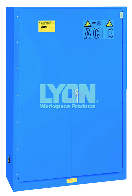 Acid Storage Cabinet - #5545 - 43 x 18 x 65" - 45 Gallon - w/2 shelves, three poly trays, bi-fold self-closing door - Blue Only - Exact Tool & Supply