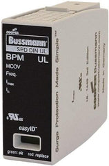 Cooper Bussmann - 1 Pole, 1 Phase, 20 kA Nominal Current, 90mm Long x 18mm Wide x 65mm Deep, Thermoplastic Hardwired Surge Protector - DIN Rail Mount, 125 kA Short Circuit Current, 347 VAC, 600 VAC Operating Voltage, 40 kA Surge Protection - Exact Tool & Supply