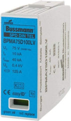 Cooper Bussmann - 1 Pole, 1 Phase, 10 kA Nominal Current, 90mm Long x 18mm Wide x 65mm Deep, Thermoplastic Hardwired Surge Protector - DIN Rail Mount, 100 VDC, 75 VAC, 100 VDC, 75 VAC Operating Voltage, 40 kA Surge Protection - Exact Tool & Supply