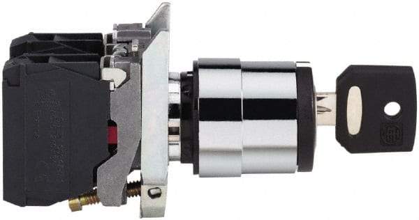Square D - 0.87 Inch Mount Hole, 3 Position, Key Operated, Selector Switch Only - Black, Maintained (MA), Nonilluminated, 2NO, Shock and Vibration Resistant - Exact Tool & Supply