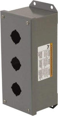 Square D - 3 Hole, 30mm Hole Diameter, Steel Pushbutton Switch Enclosure - 5-1/4 Inch High x 4.17 Inch Wide x 3.62 Inch Deep, 1, 3, 15 NEMA Rated - Exact Tool & Supply