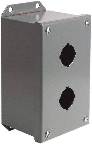 Square D - 2 Hole, 30mm Hole Diameter, Steel Pushbutton Switch Enclosure - 4-3/4 Inch High x 4.17 Inch Wide x 3.62 Inch Deep, 1, 3, 14 NEMA Rated - Exact Tool & Supply