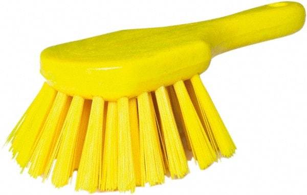 PRO-SOURCE - 1-3/4" Bristle Length, Plastic Utility Scrub Brush - 4-1/2" Long x 3-3/4" Wide Head, 8-1/2" OAL, Short Handle, Yellow, Foam Block - Exact Tool & Supply