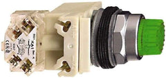 Square D - 1.18 Inch Mount Hole, Pushbutton Switch Only - Round, Green Pushbutton, Illuminated, Momentary (MO), Shock and Vibration Resistant - Exact Tool & Supply