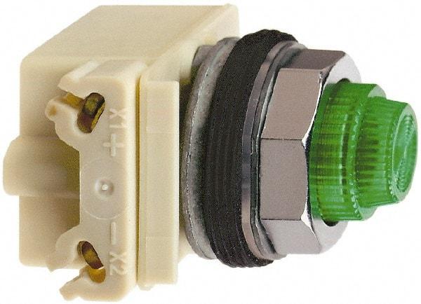 Square D - 24-28 VAC/VDC Green Lens LED Indicating Light - Round Lens, Screw Clamp Connector, 70mm OAL x 54mm Wide, Shock Resistant, Vibration Resistant - Exact Tool & Supply