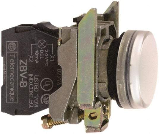 Schneider Electric - 230-240 VAC at 50/60 Hz White Lens LED Pilot Light - Round Lens, Screw Clamp Connector, 30mm Wide, Vibration Resistant, Water Resistant - Exact Tool & Supply