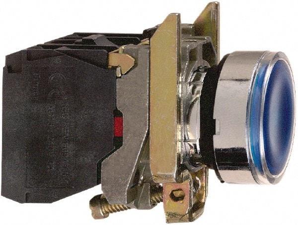 Square D - 0.87 Inch Mount Hole, Flush, Pushbutton Switch Only - Round, Blue Pushbutton, Illuminated, Momentary (MO), Shock and Vibration Resistant - Exact Tool & Supply