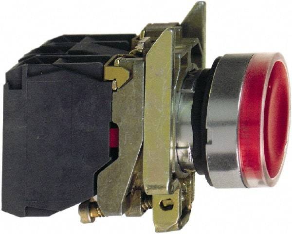 Schneider Electric - 22mm Mount Hole, Flush, Pushbutton Switch with Contact Block - Round, Red Pushbutton, Illuminated, Momentary (MO) - Exact Tool & Supply