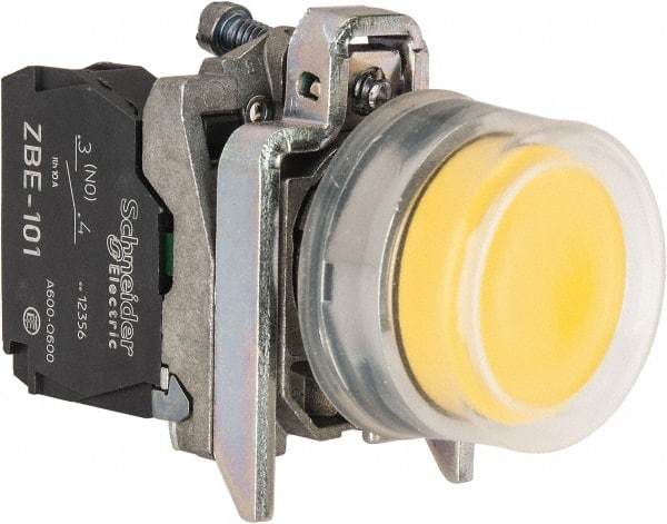 Square D - 0.87 Inch Mount Hole, Pushbutton Switch Only - Round, Yellow Pushbutton, Illuminated, Momentary (MO), Shock and Vibration Resistant - Exact Tool & Supply