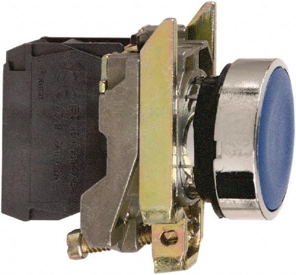 Square D - 0.87 Inch Mount Hole, Flush, Pushbutton Switch Only - Round, Blue Pushbutton, Nonilluminated, Momentary (MO), Shock and Vibration Resistant - Exact Tool & Supply