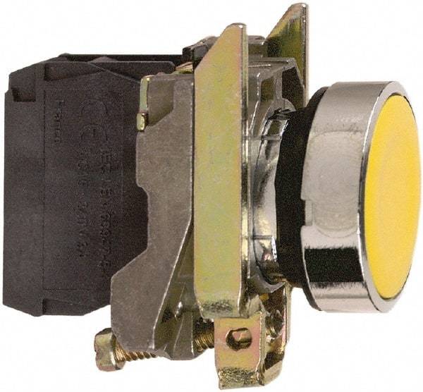 Square D - 0.87 Inch Mount Hole, Flush, Pushbutton Switch Only - Round, Yellow Pushbutton, Nonilluminated, Momentary (MO), Shock and Vibration Resistant - Exact Tool & Supply