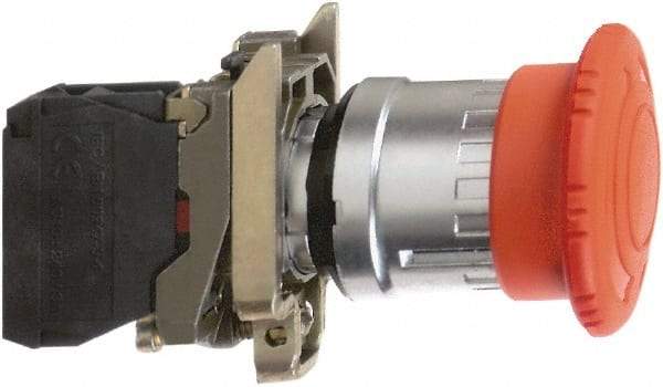 Schneider Electric - 22mm Mount Hole, Extended Mushroom Head, Pushbutton Switch Only - Round, Red Pushbutton, Nonilluminated, Trigger Action, Off, Shock and Vibration Resistant - Exact Tool & Supply