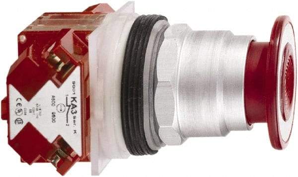Schneider Electric - 30mm Mount Hole, Extended Mushroom Head, Pushbutton Switch with Contact Block - Round, Red Pushbutton, Maintained (MA) - Exact Tool & Supply