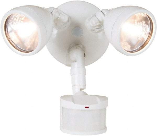 Cooper Lighting - 2 Head, 70 Ft. Detection, 270° Angle, Halogen Lamp Motion Sensing Light Fixture - 120 Volt, 200 Watt, Metal White Housing, Wall, Eave Mounted - Exact Tool & Supply
