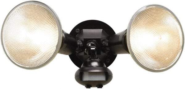 Cooper Lighting - 2 Head, 60 Ft. Detection, 110° Angle, PAR38 Lamp Motion Sensing Light Fixture - 120 Volt, 300 Watt, Plastic Black Housing, Wall, Eave Mounted - Exact Tool & Supply